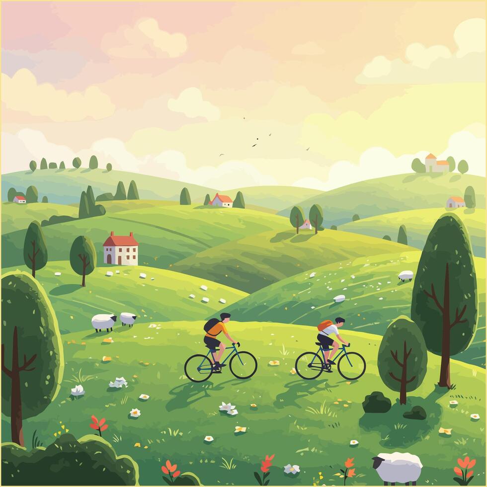 Cycling Through Green Hills Landscape with Sheep and Scenic Countryside vector