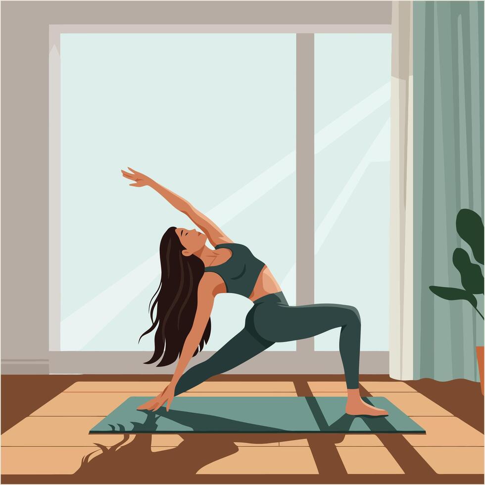 Woman Practicing Yoga Pose at Home with Natural Light and Plant vector