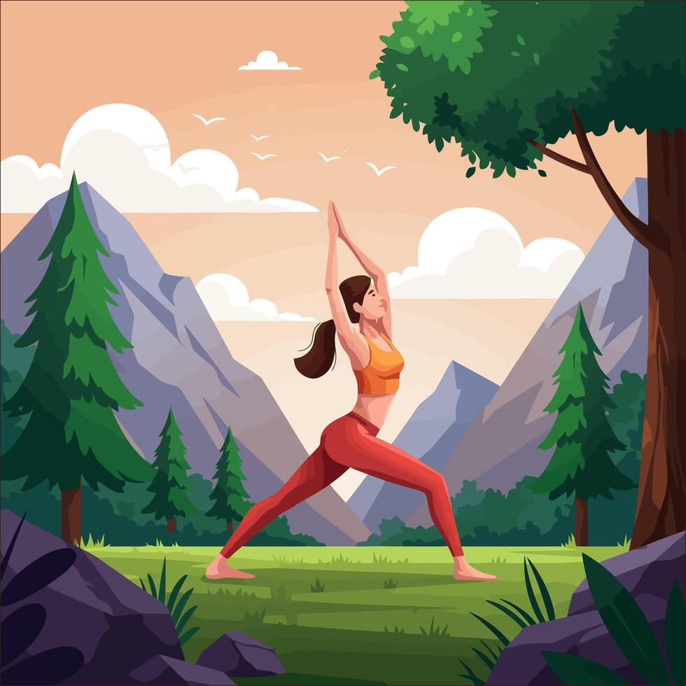 Woman Practicing Yoga Warrior Pose Outdoors with Mountain Background vector