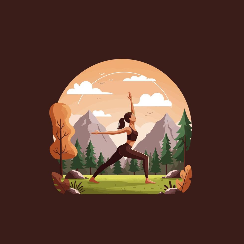 Woman Practicing Yoga Warrior Pose Outdoors with Mountain and Forest Background vector