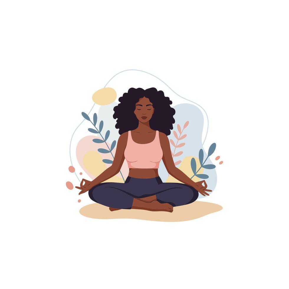Woman Meditating in Lotus Position with Decorative Floral Background Illustration vector