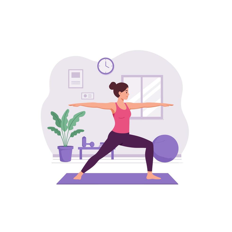 Woman Practicing Yoga Warrior Pose at Home for Wellness and vector