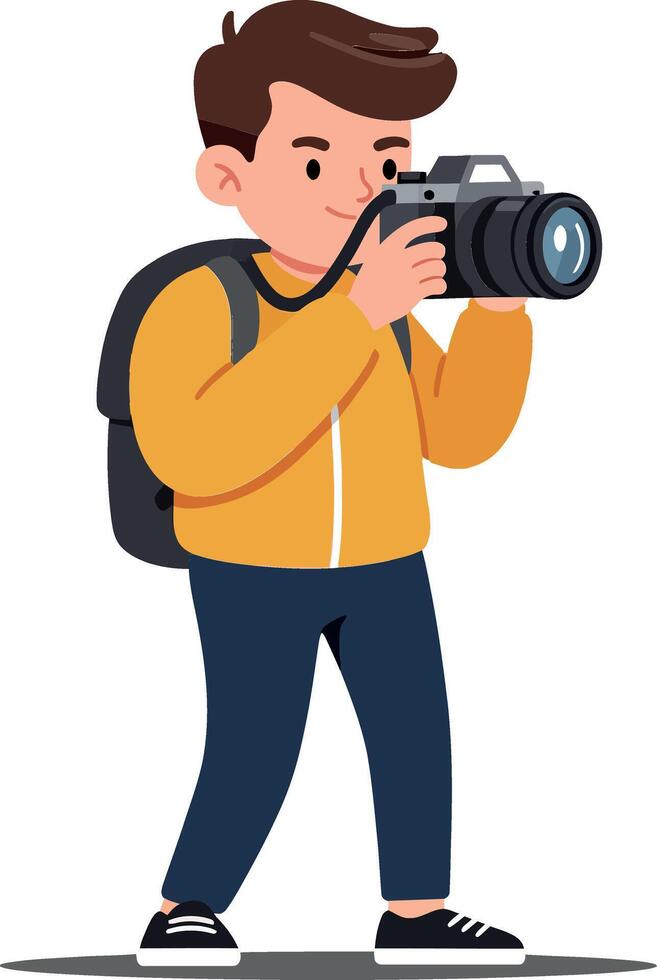 A young man in a yellow jacket with a camera capturing moments in a vibrant, flat illustration showcasing creativity and passion for photography art vector