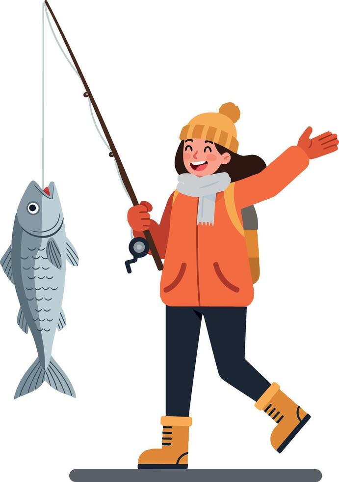 Happy woman in orange jacket and yellow beanie joyfully holding fish while fishing in a flat style illustration vector
