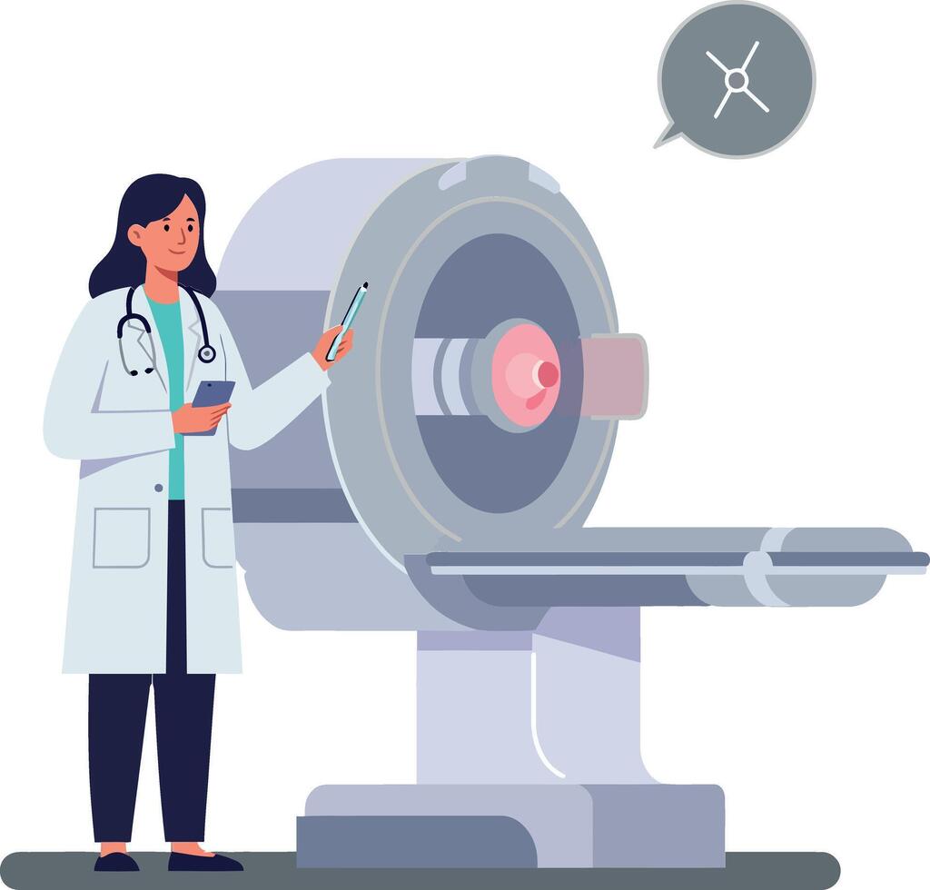 A female doctor in a white lab coat standing beside a futuristic medical scanning machine, executing a procedure in a flat illustration vector