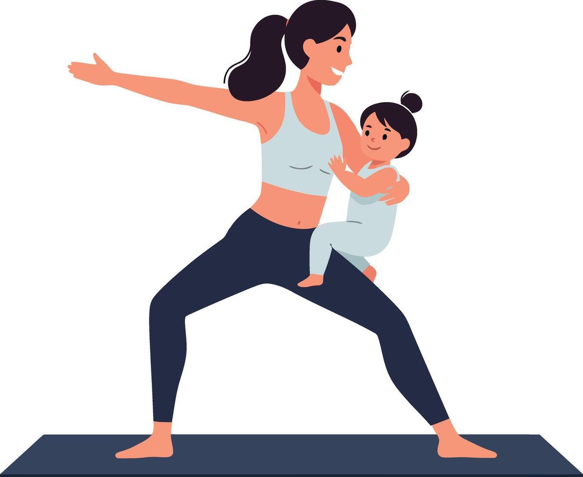 Mother practicing yoga with her baby in a dynamic warrior pose, flat design art vector