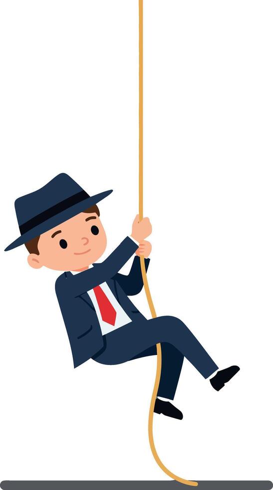 A young businessman in a suit and hat confidently descending a rope in a flat, vibrant style of art vector