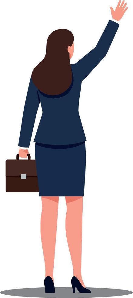 Businesswoman in a navy suit waving goodbye while holding a brown briefcase, depicted in a minimal flat illustration vector