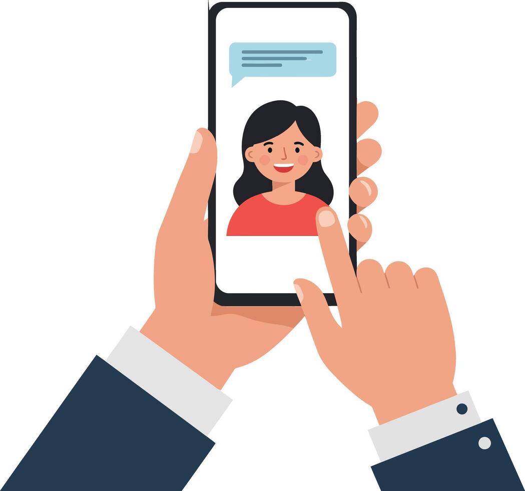 A person holding a smartphone displaying a smiling woman in a red shirt, minimal illustration of digital communication and connection vector