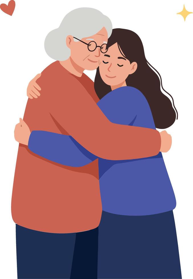 Two women embracing in a warm and loving manner, featuring a minimal design style, conveying affection and joy, illustration vector