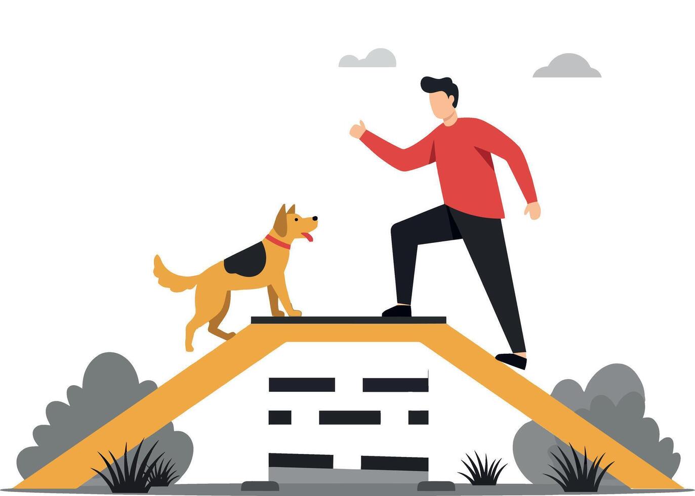 A man enthusiastically training his golden dog on a colorful agility ramp in a cheerful and playful flat illustration vector