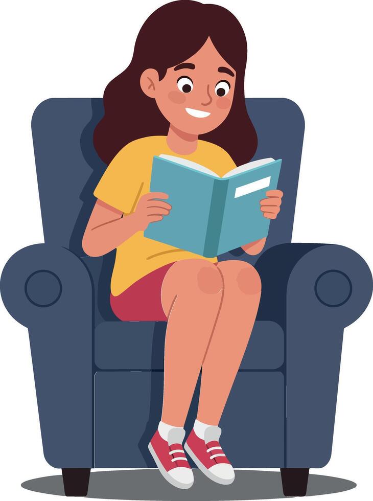 A young girl with brown hair sitting on a blue armchair reading a book in a cheerful, flat illustration vector