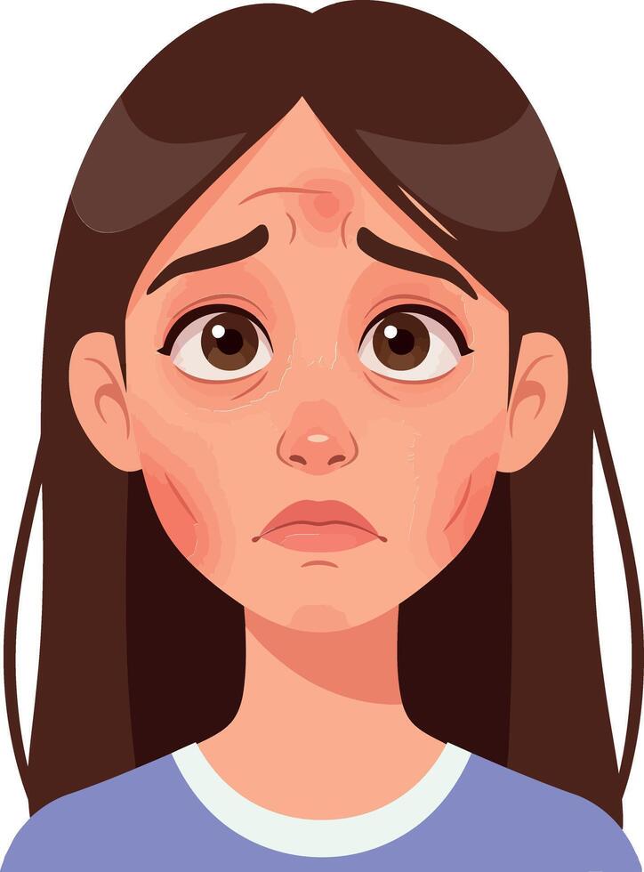 Concerned young girl with long brown hair and expressive eyes in a flat, minimal style illustration showcasing emotion and vulnerability vector