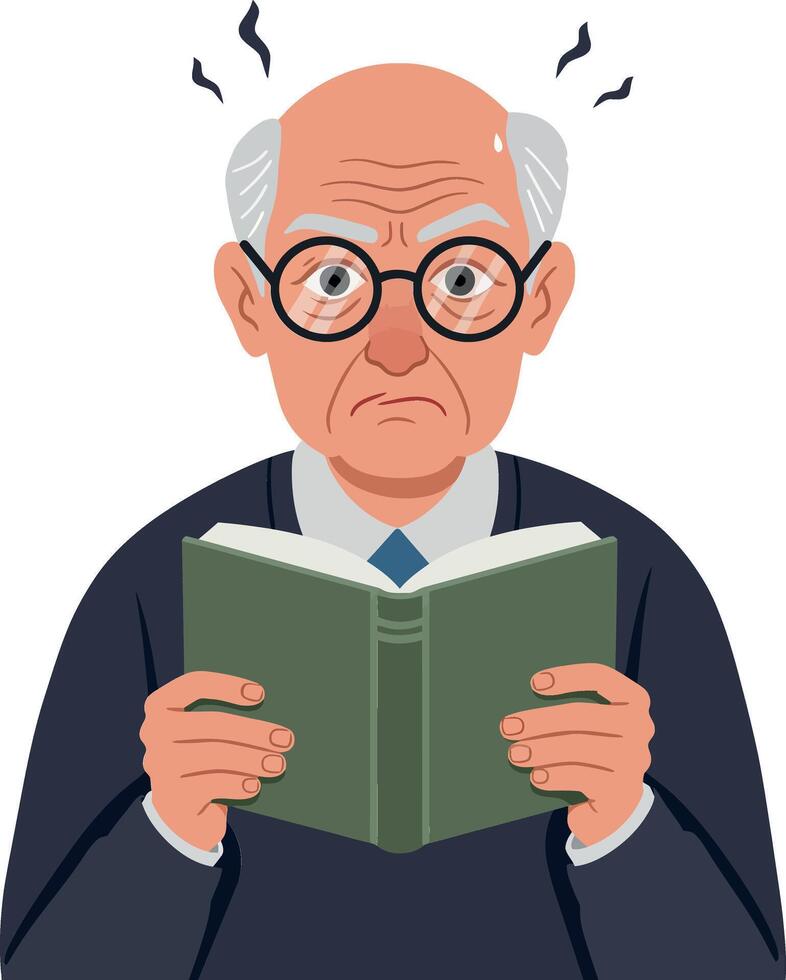 An elderly man with round glasses anxiously reading a book in a minimal flat design style illustration vector