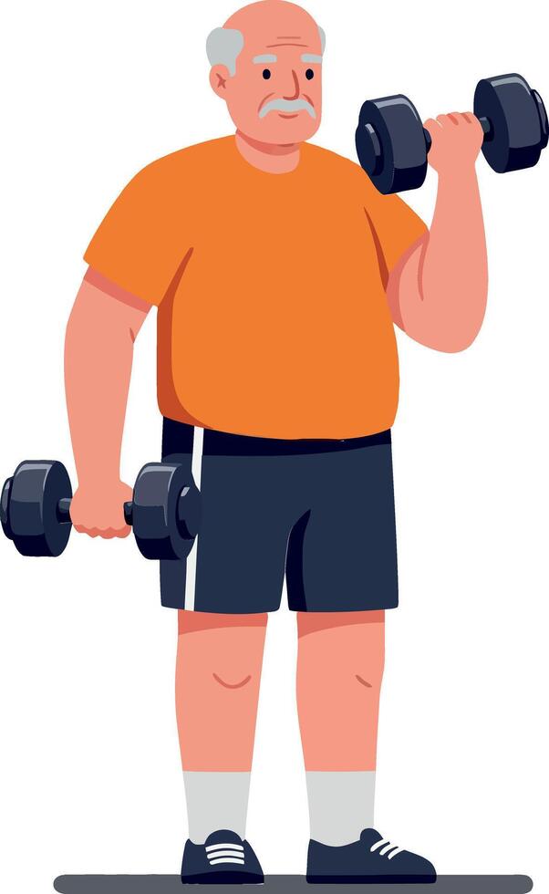 Elderly man in orange shirt lifting dumbbells in a minimalistic design showcasing fitness and strength in vibrant illustration vector