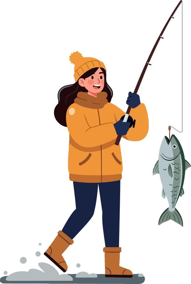 A cheerful woman in a bright yellow jacket fishing on an icy lake, showcasing a flat design style in vibrant art vector