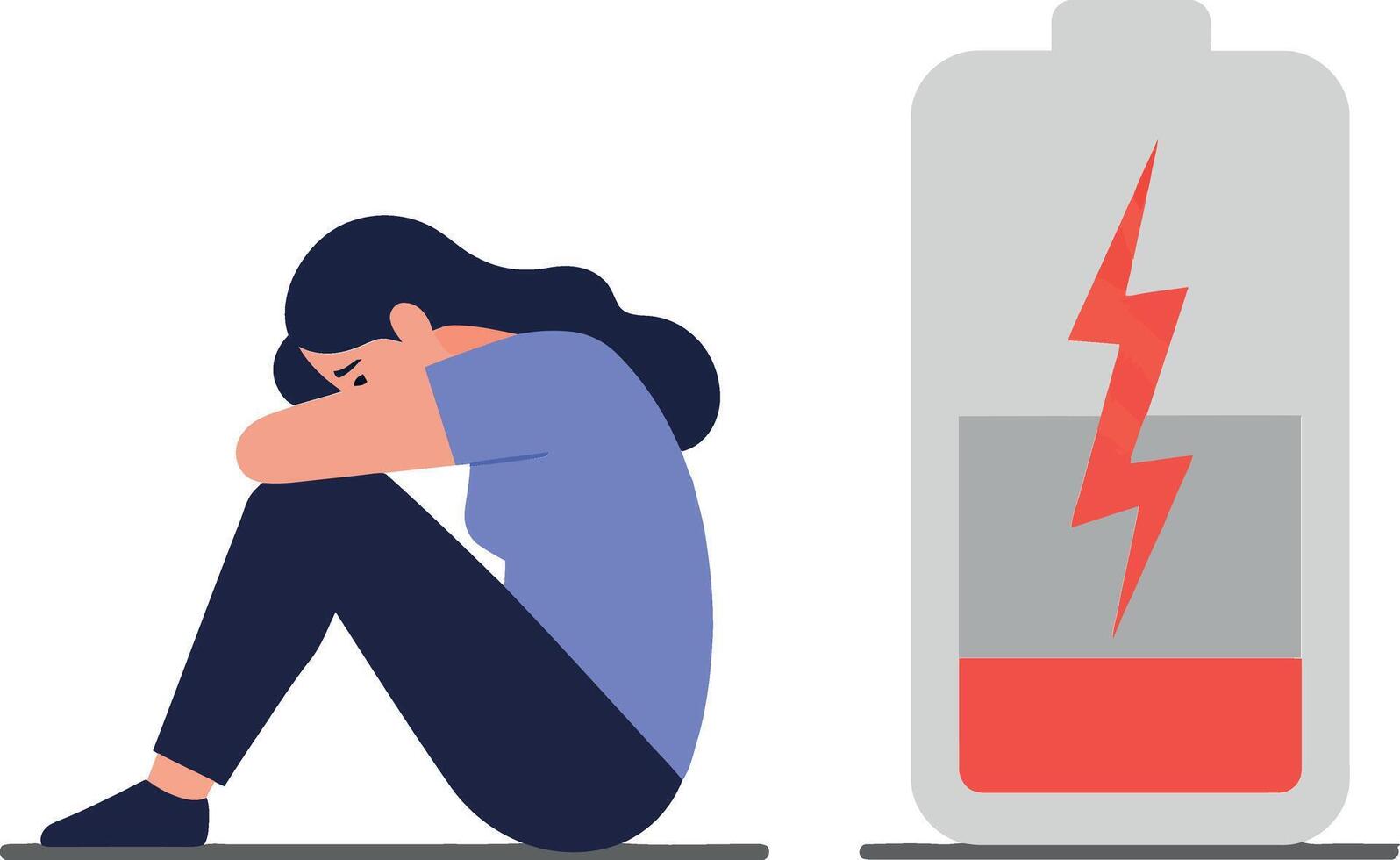 A woman sitting on the floor with her knees hugged to her chest beside a low battery icon in flat art vector