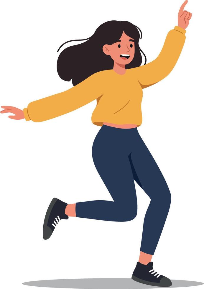 Joyful young woman in a yellow sweater and blue jeans dancing energetically in a bright and minimal style illustration vector