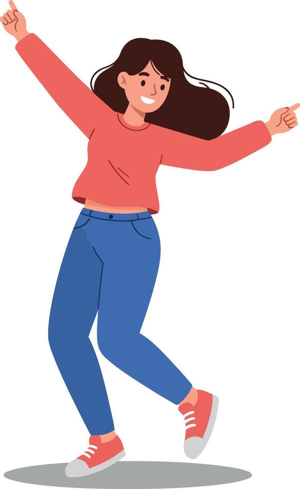 Cheerful young woman dancing joyfully in a flat style, showcasing movement and happiness in vibrant colors, illustration vector