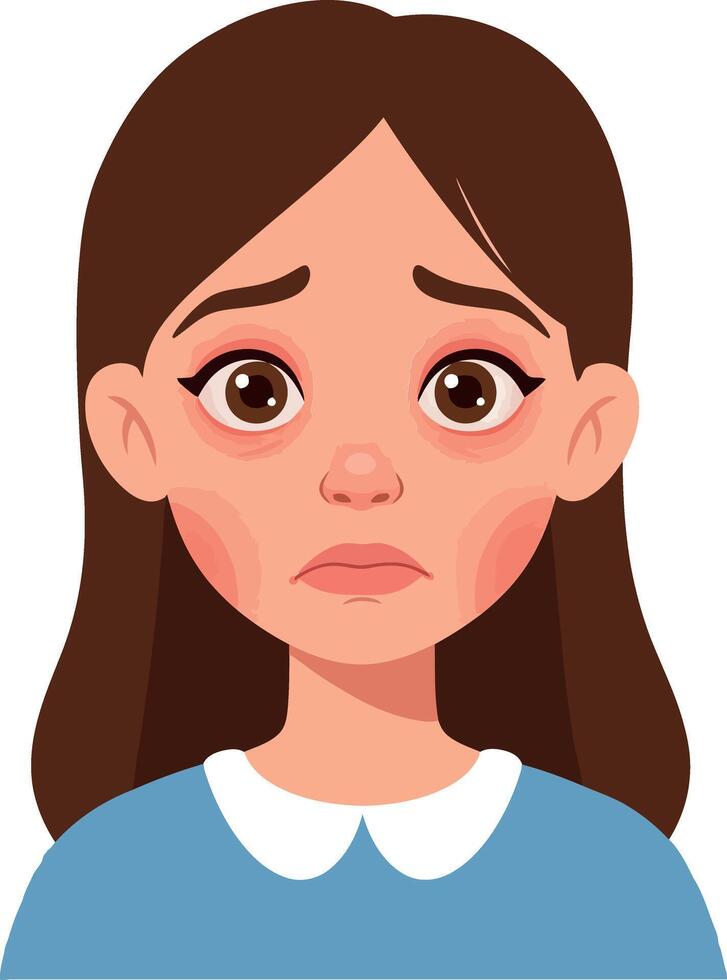 A young girl with brown hair and expressive eyes in a flat style conveying sadness through her subtle features and worried expression in illustration vector