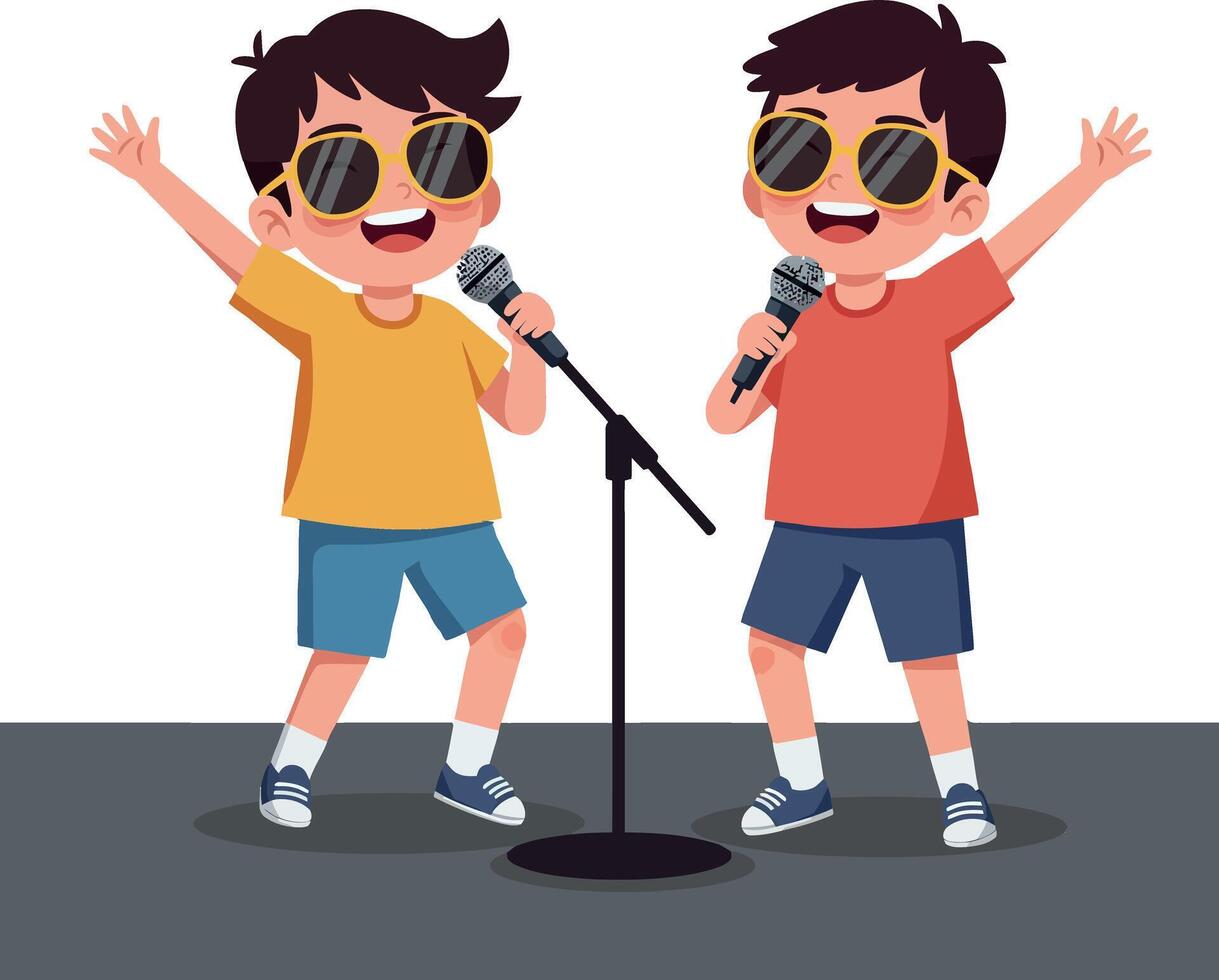 Two cheerful boys singing together on stage in bright summer outfits, showcasing a fun and lively atmosphere, flat art vector