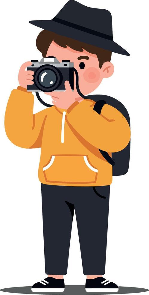 A young photographer in a stylish hat capturing moments with a camera in a flat design illustration showcasing creativity and adventure vector