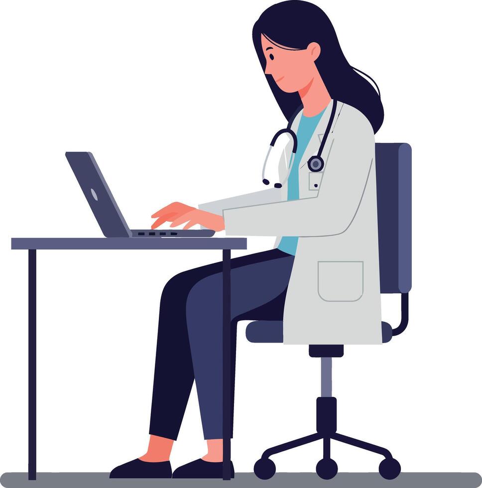 A focused female doctor in a white coat working diligently on a laptop at her desk in a clean, modern office environment, flat illustration vector