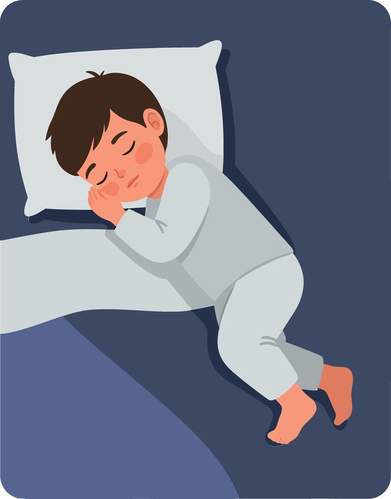 A peaceful young boy sleeping soundly in cozy pajamas on a soft pillow in a calming dark bedroom, illustrated in a minimal art style vector