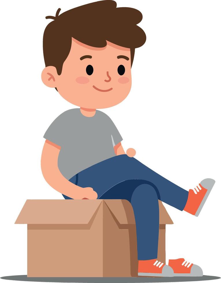 A cheerful boy with brown hair sitting on a cardboard box in a flat art style, expressing playful curiosity and joy in a minimalist design vector