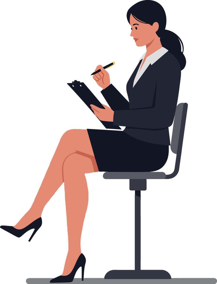 Confident businesswoman in a black suit sitting on a chair, taking notes with a pen in a flat illustration vector