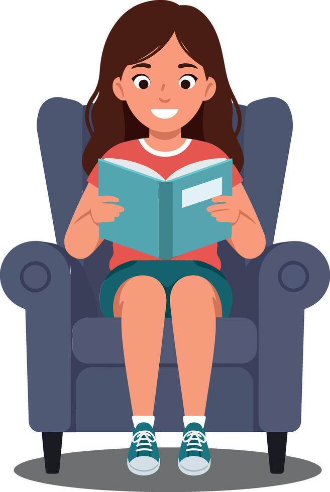 Young girl reading a book while sitting comfortably in a cozy blue armchair, flat illustration capturing joy and relaxation in a warm setting art vector
