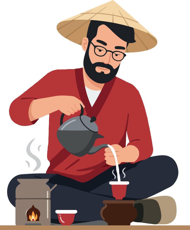 A man in traditional attire pouring tea from a kettle while seated on the floor, showcasing a minimal style in vibrant colors, illustration vector
