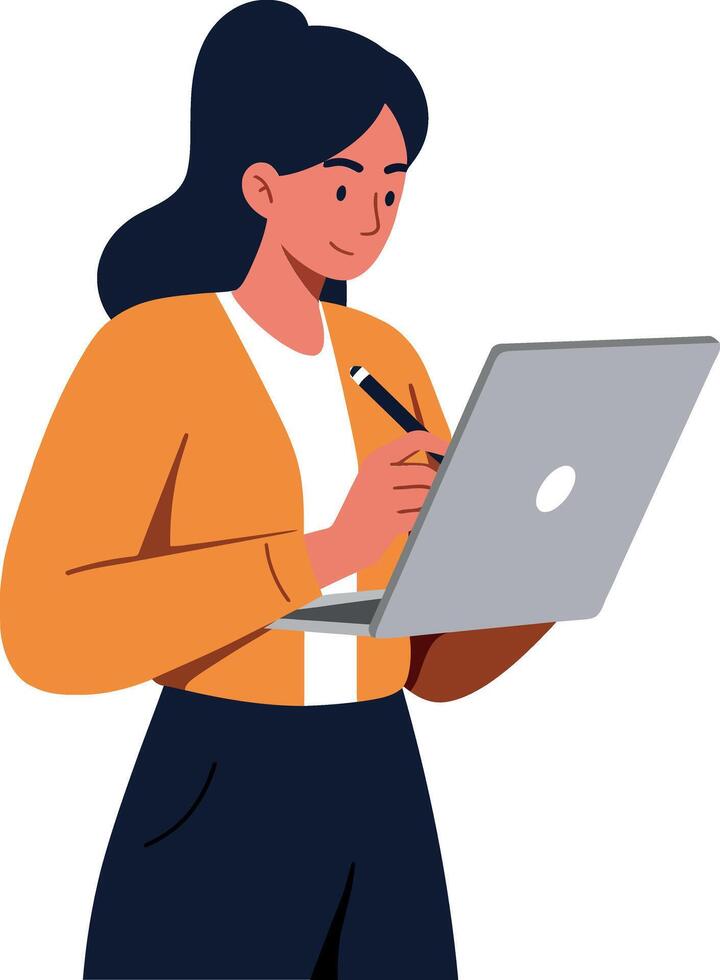 Young woman with black hair wearing an orange jacket using a laptop while taking notes in a flat illustration of a focused work environment vector
