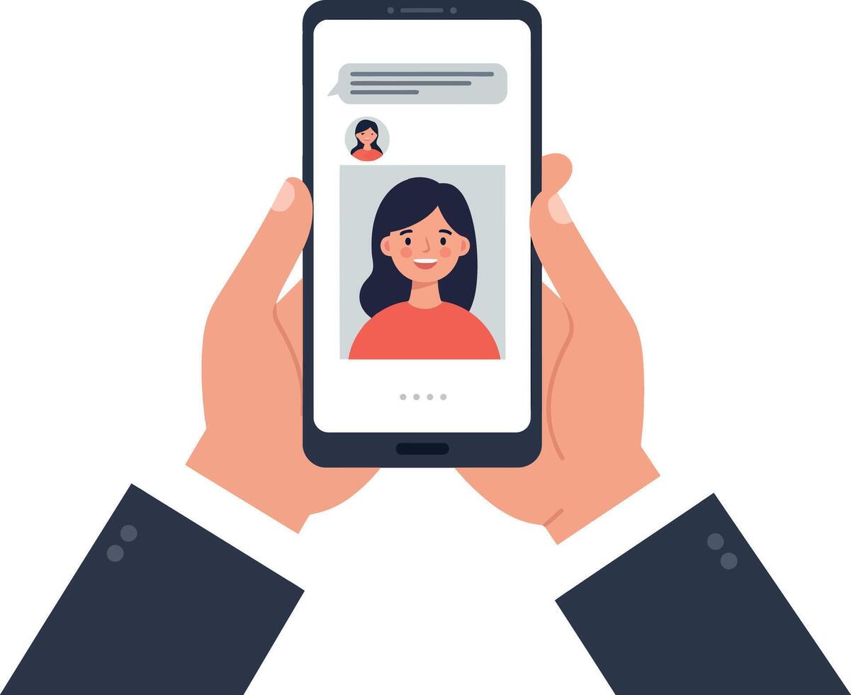 Hands holding a smartphone displaying a profile picture of a smiling woman in a red shirt, flat illustration vector