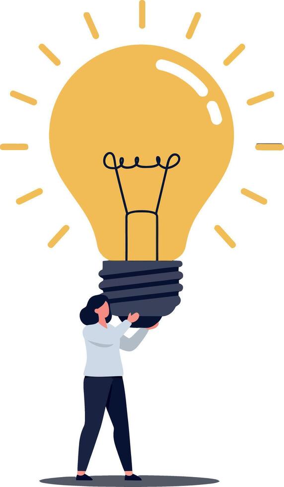A person lifting a large light bulb symbolizing creativity and ideas in a flat illustration style with bright colors and cheerful atmosphere vector