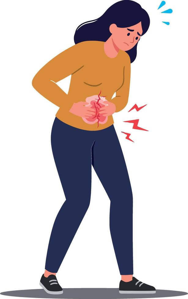 Woman in yellow sweater holding her stomach in discomfort, expressing pain and concern in a flat illustration vector