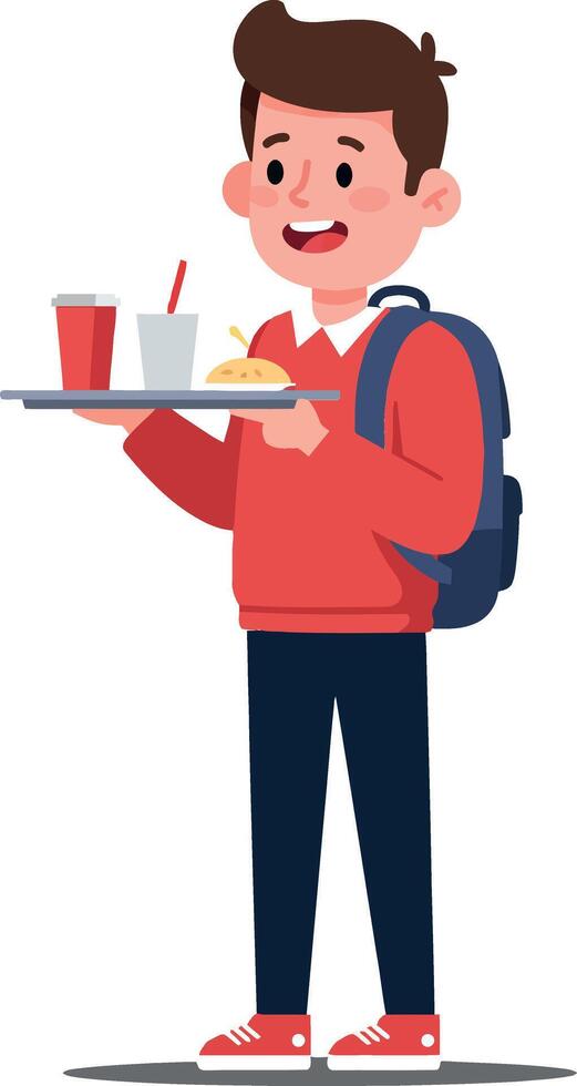 Cheerful young boy with a backpack holding a tray of food and drinks in a flat illustration vector