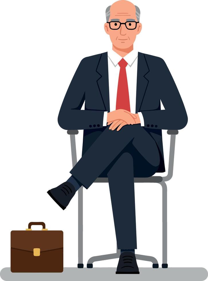 Professional businessman in a black suit and red tie sitting confidently on a chair, minimal flat illustration vector