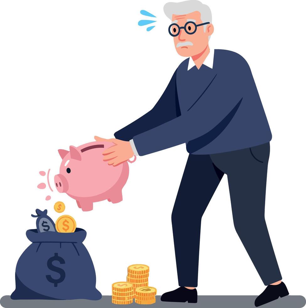 Elderly man in glasses depositing coins into a piggy bank beside a bag of money in flat art vector