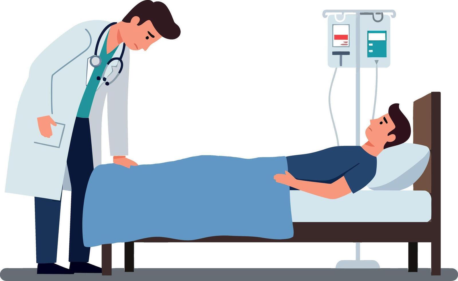 Doctor in a white coat checking a patient in a hospital bed with IV drip in a minimal and clean illustration vector
