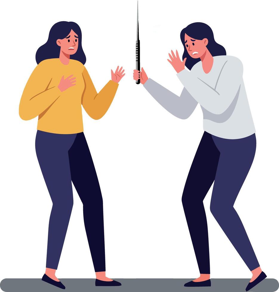 Two women engaged in a dramatic confrontation over a syringe, illustrated in a minimal style, conveying tension and urgency, art vector