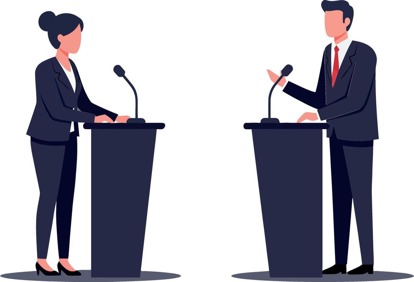 Two professional speakers engaging in a dynamic debate at podiums in a flat design illustration vector