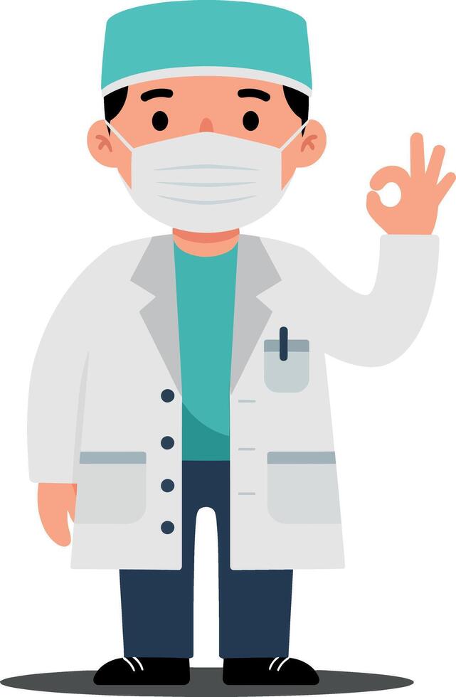Cartoon-style doctor in a white coat and surgical mask giving an okay sign, flat illustration showcasing professionalism and care in a medical setting vector