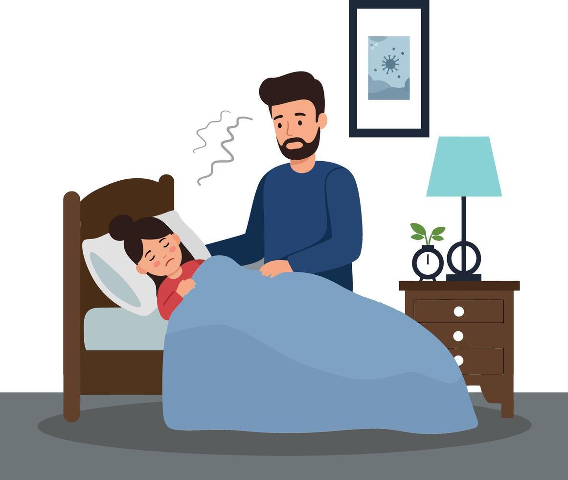 Caring father tucking in his daughter under a cozy blue blanket in a minimal and flat illustration vector