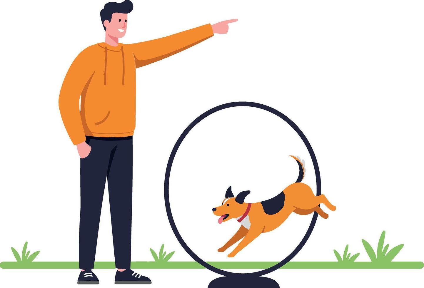 A cheerful man in an orange hoodie encourages a playful dog running through a circular agility hoop in flat art vector