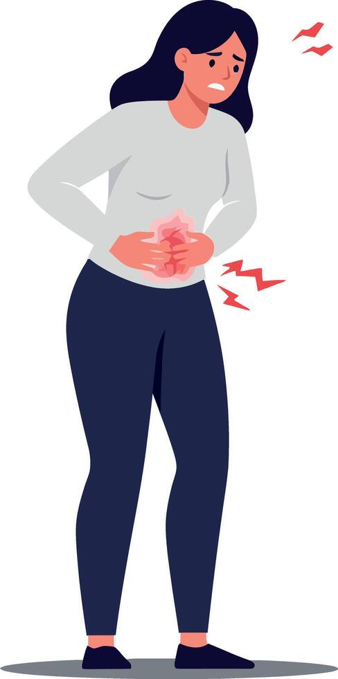 A woman in casual attire standing with a pained expression while holding her stomach, illustrating discomfort in a minimal illustration vector