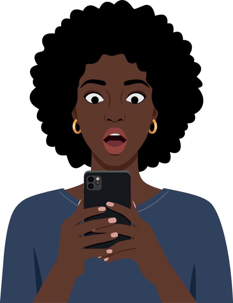 Surprised woman with curly hair holding a smartphone in minimal flat design illustration vector