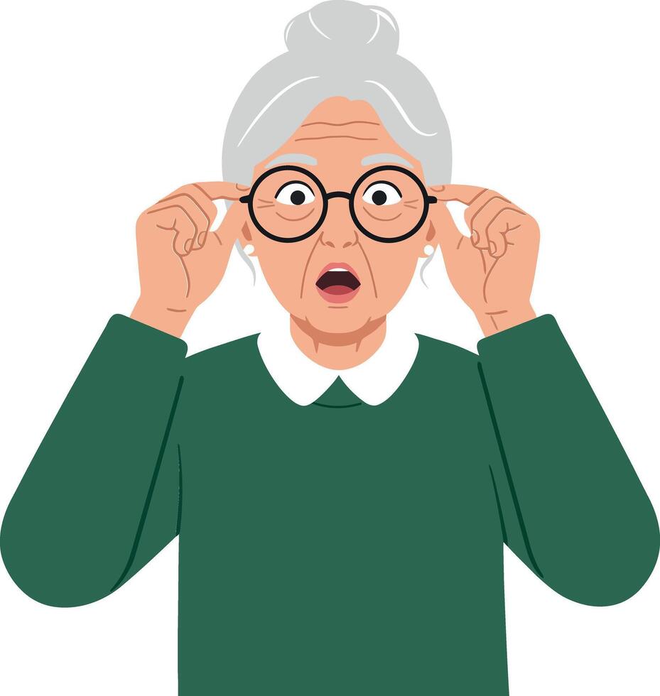 Surprised elderly woman adjusting her glasses, wearing a green sweater, flat design style, joyful expression, engaging in a moment of realization, art vector