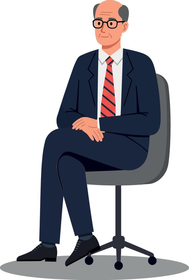 Elderly man in a navy suit with glasses sitting comfortably in an office chair, exhibiting a calm demeanor in flat illustration vector