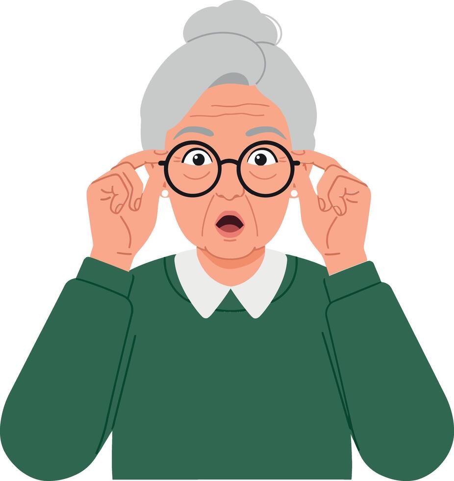 Surprised elderly woman adjusting her round glasses in a minimal flat design style illustration vector